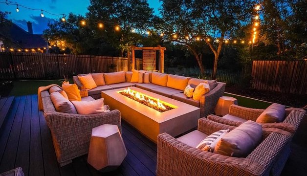 Installed string lights over a Bee Cave deck and fire pit lit up at night