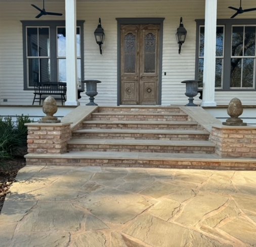 Flagstone walkway and brick steps ready for path lighting in Fayetteville