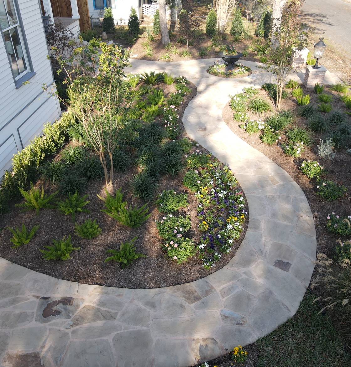 San Marcos home with stone walkway, native plantings, and landscape lighting