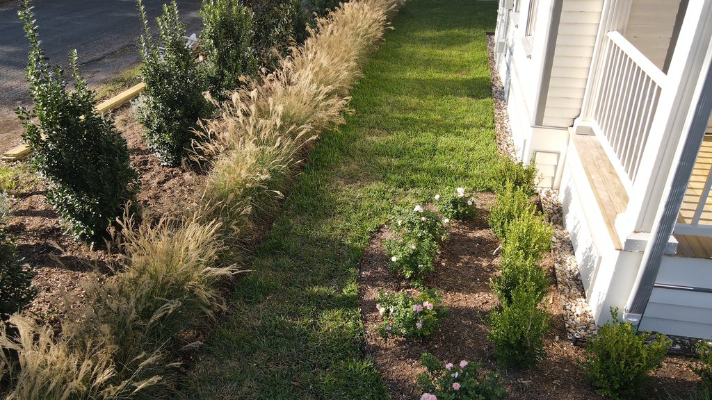 Distinct turf, ornamental grass, and garden-bed hydrozones at a Fayetteville garden landscape