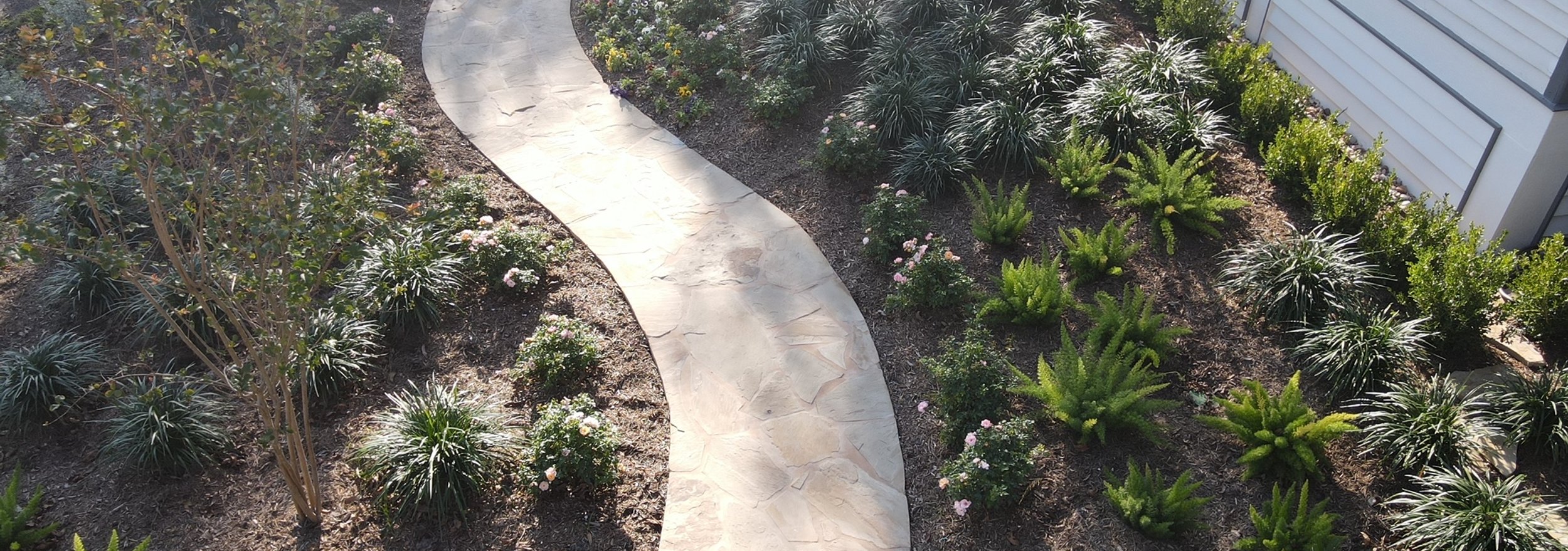 Wide view of the S-curved flagstone pathway and layered garden beds
