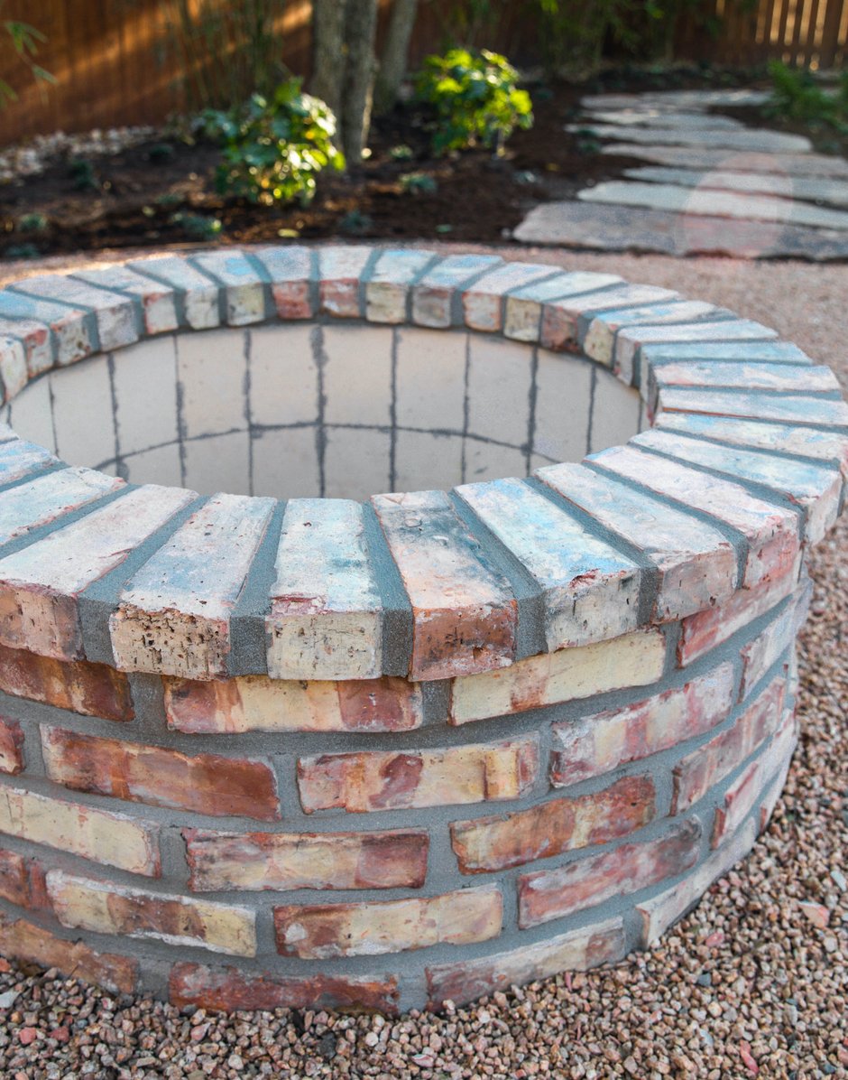Close-up of the built-in brick fire pit