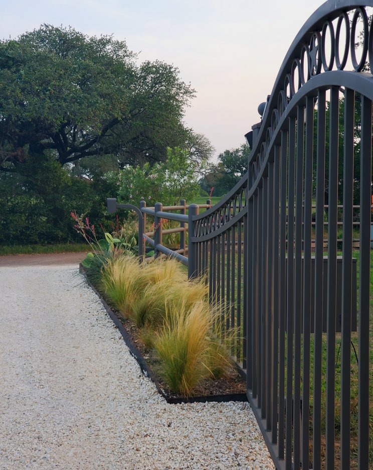 Smithville front yard with an iron fence, ornamental grasses, and driveway