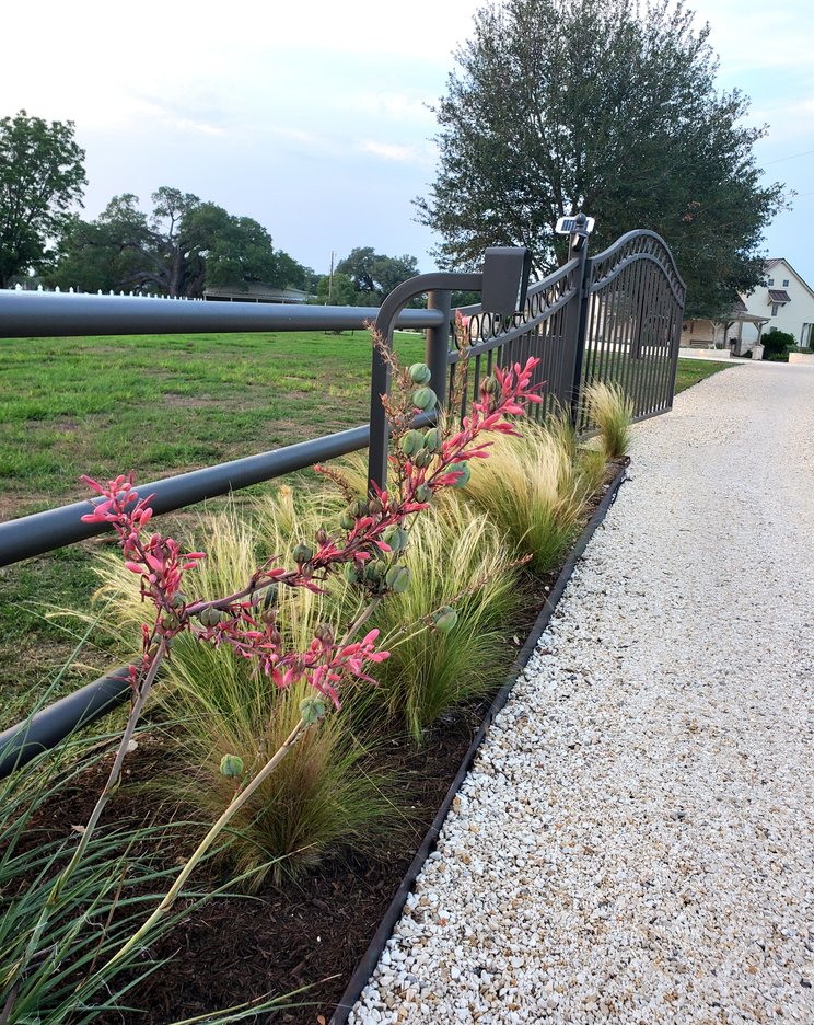 Metal perimeter fence running along an open pasture at a ranch property near Austin