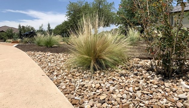 River rock swale and ornamental grasses controlling runoff on a Dripping Springs slope